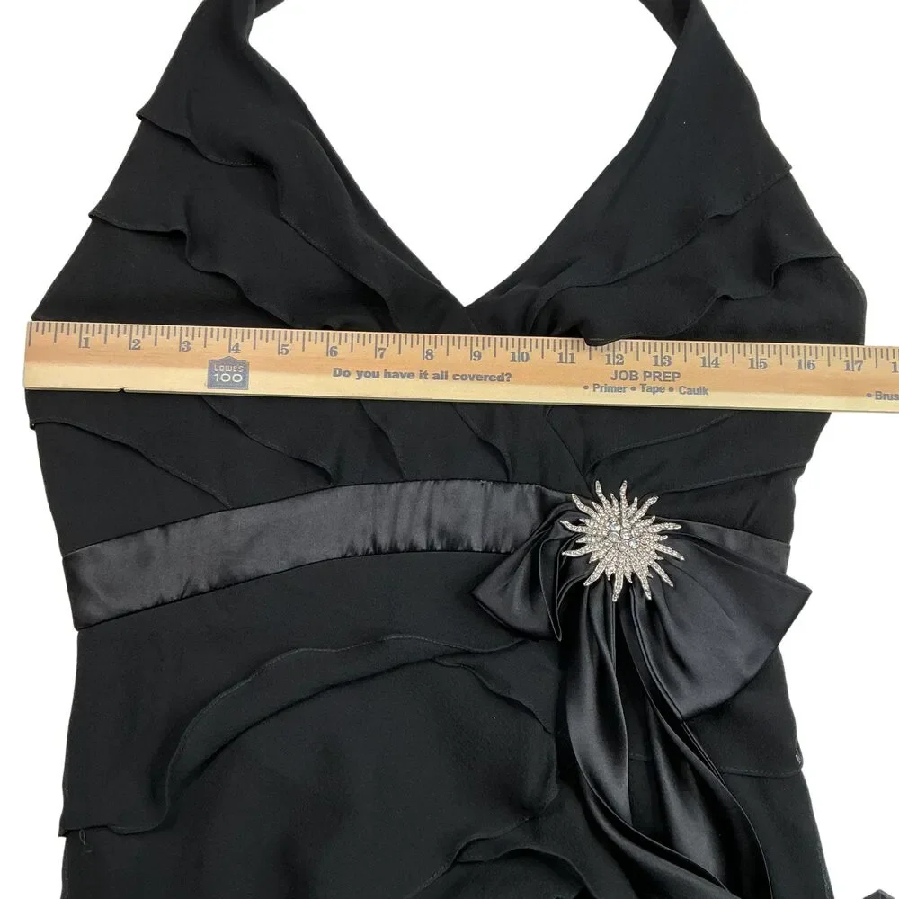 VTG Tadashi Shoji Silk Chiffon Maxi Dress Size 10 Black Halter Open Back Tiered